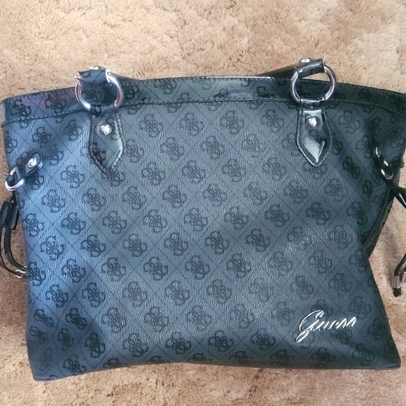 Guess Handbags - Guess Black Monogram Shoulder Bag with Silver Hardware